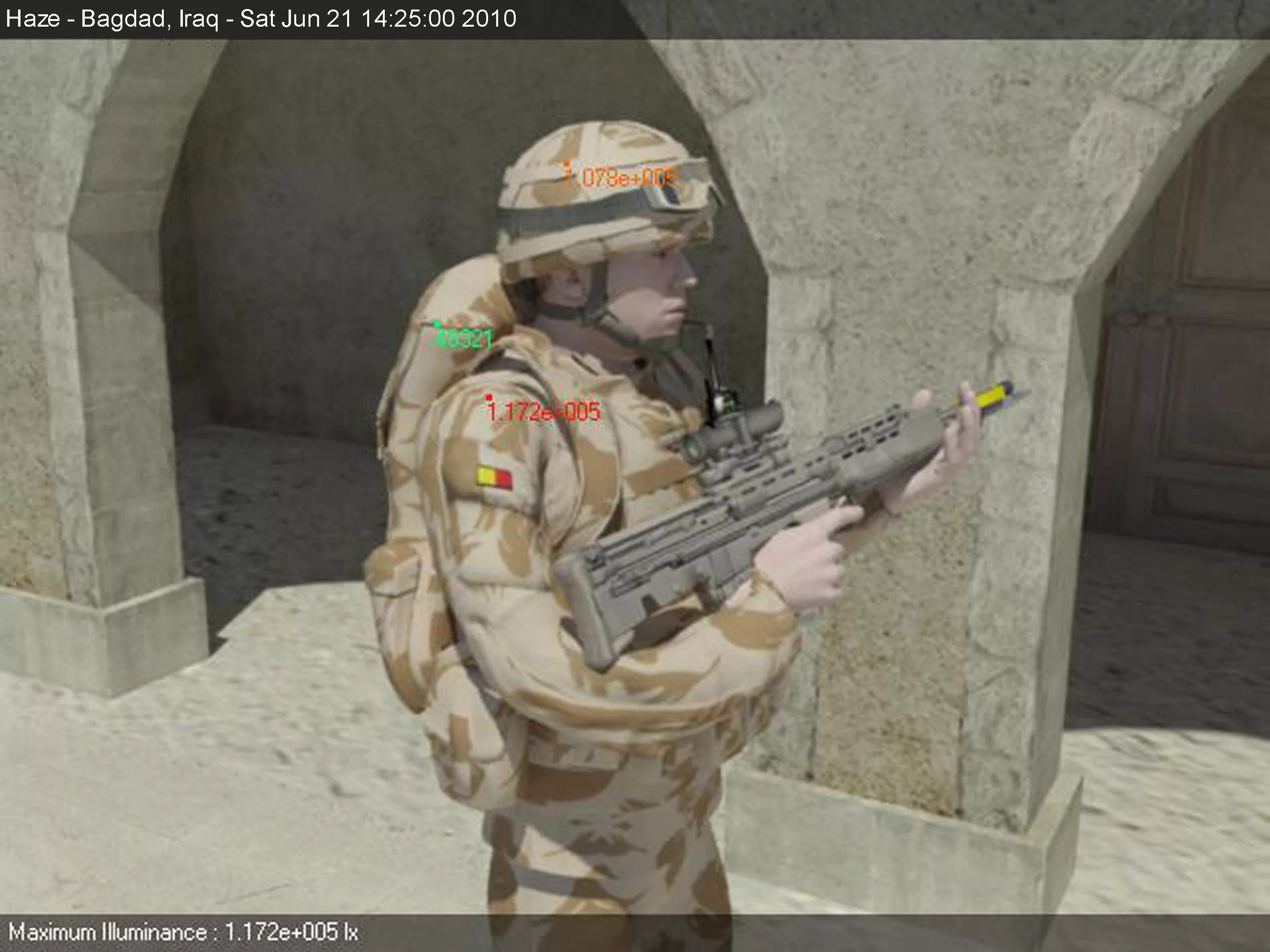 A soldier in a fictitious but realistic urban, desert environment, with superimposed numbers representing readings for anticipated sunlight (Image: EPSRC)
