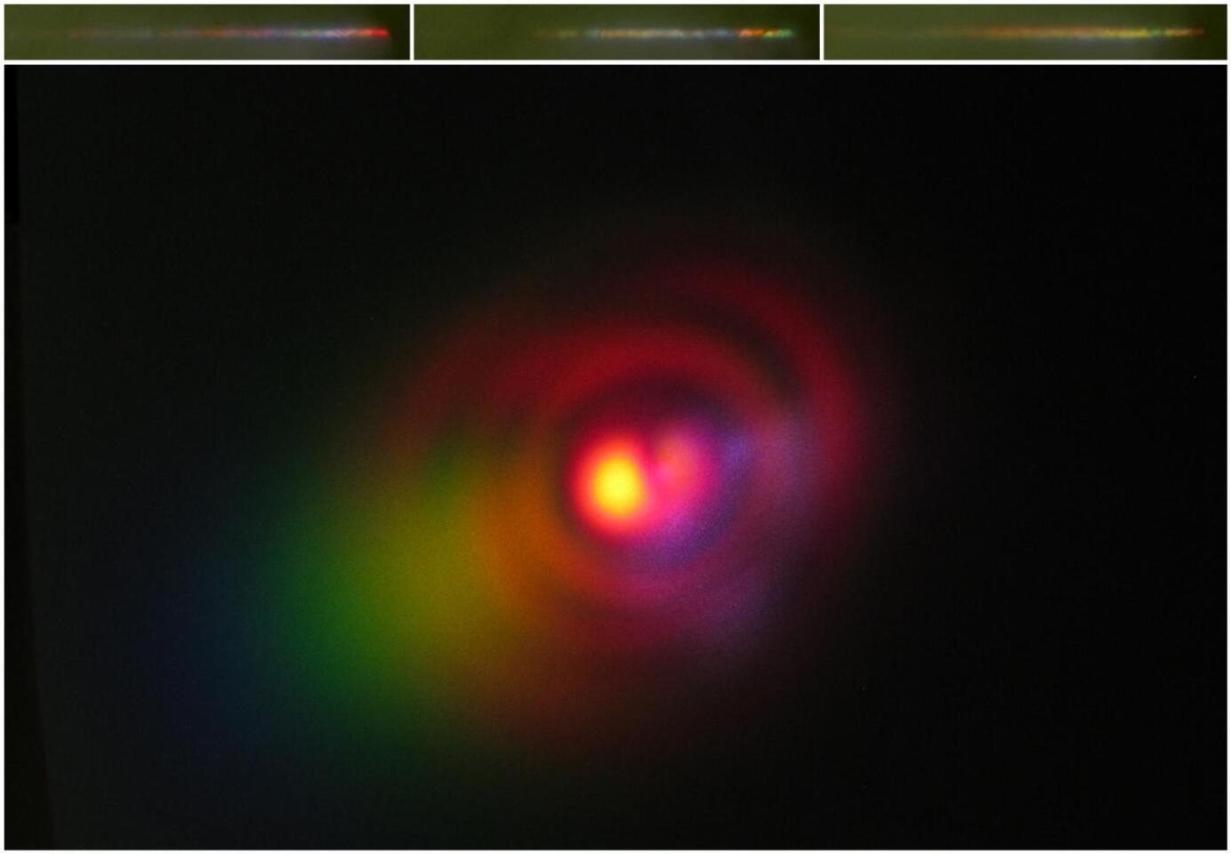 A cross-section of light pulse beam with formed plasma filament – at the top is the appearance of several laser pulses passing through a cloud of condensed water vapor (Photo: IPC PAS)