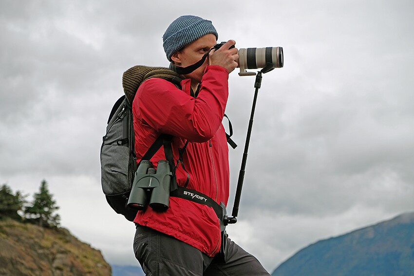 The 0.5-kg (1.1-lb) Steadify is strapped around the user's waist using an included nylon belt, and consists of an aluminum mini monopod that's attached to a leather base plate via a steel ball-head joint