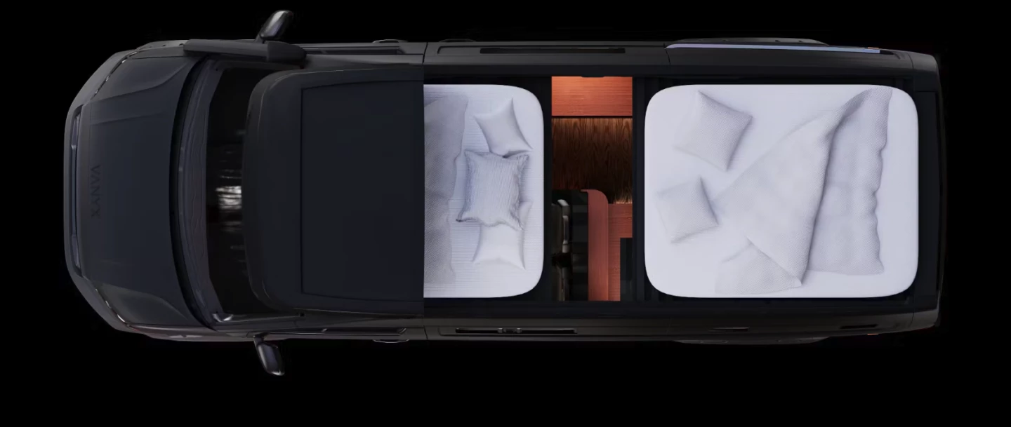 A floor plan view of the separate front and rear double bed areas, both offering just shy of queen-size space