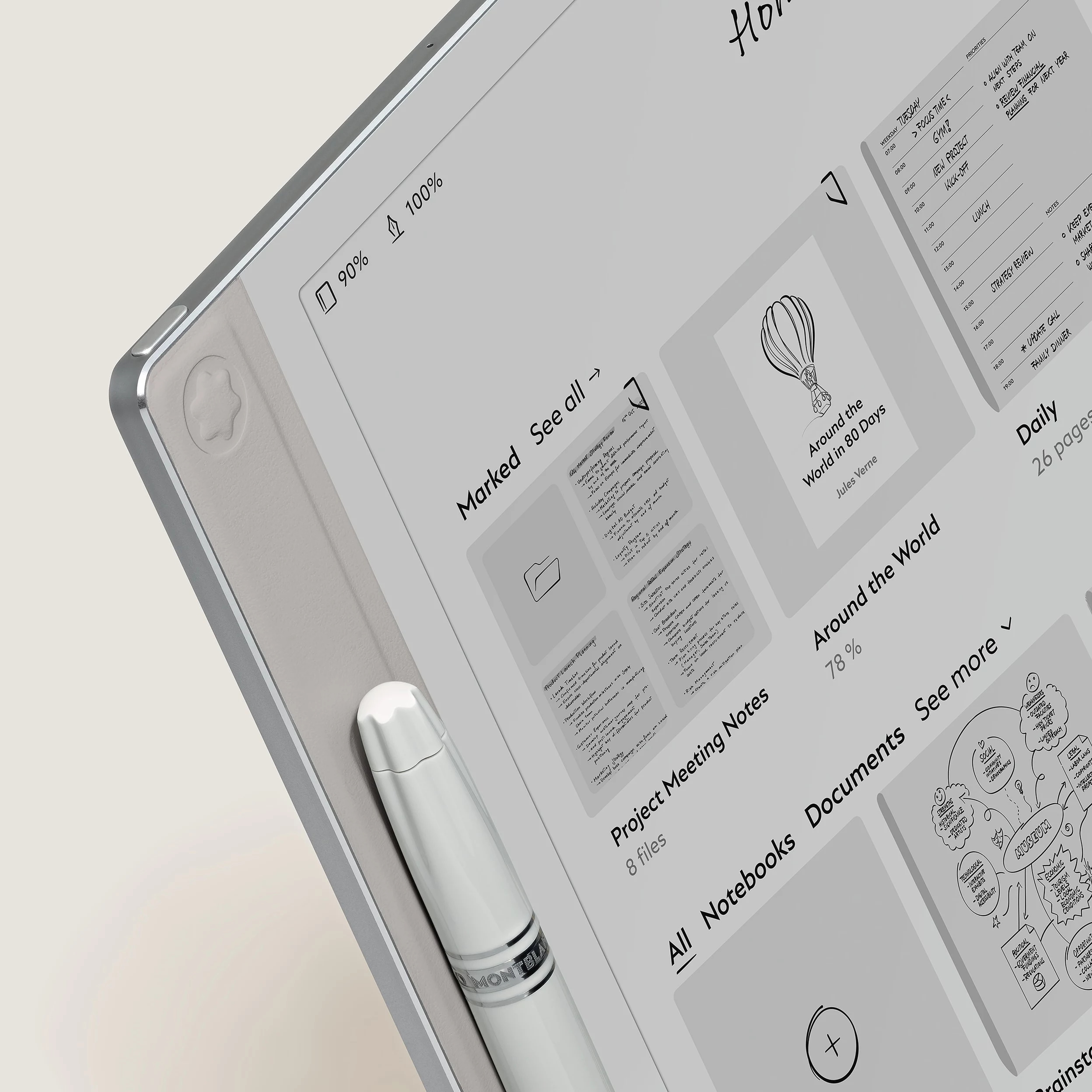 Aluminum housing, monochrome ePaper display, Bluetooth-connected pen, onboard storage plus Wi-Fi