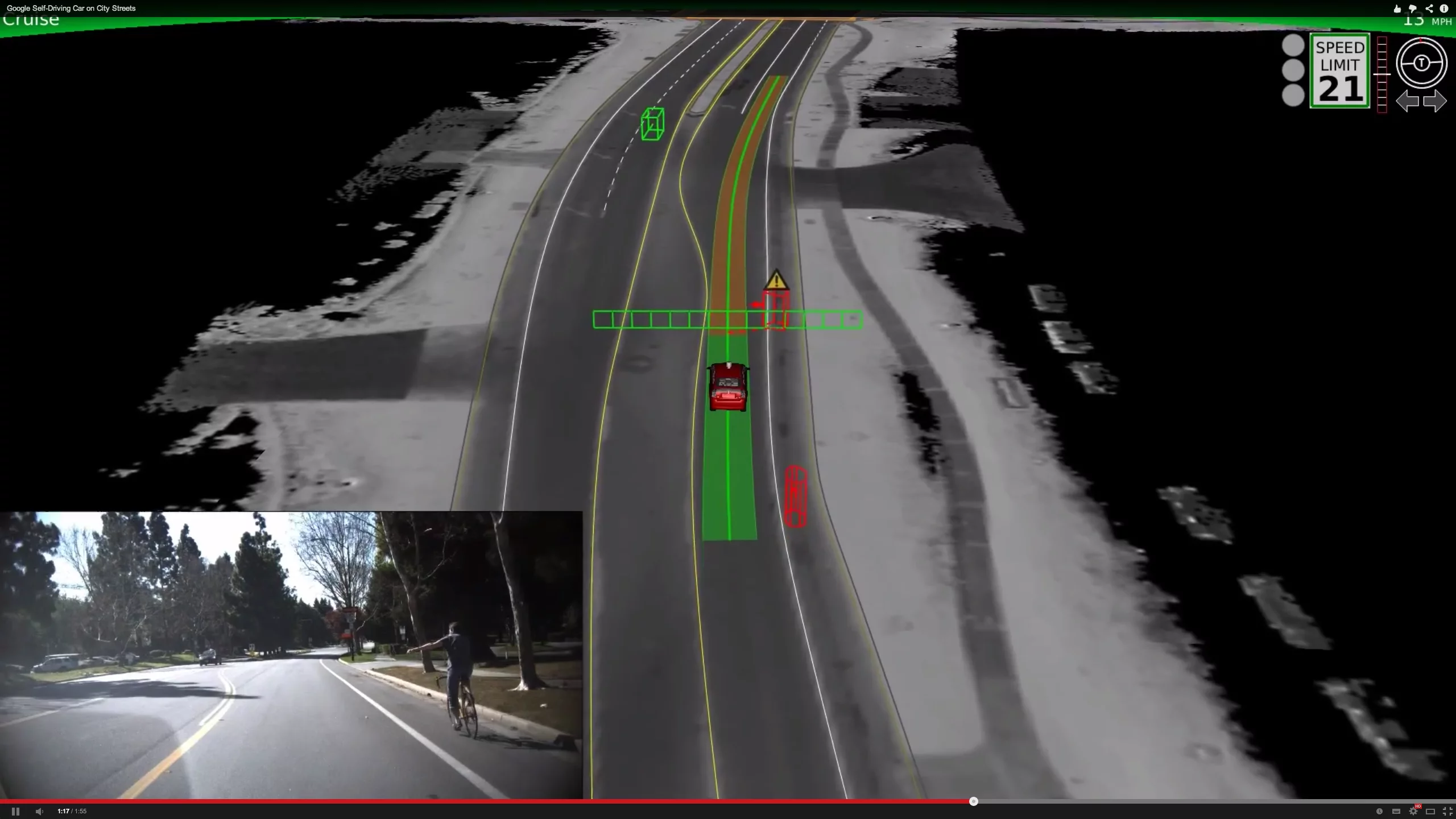 Google's self driving car waits for a cyclist who is making a hand signal