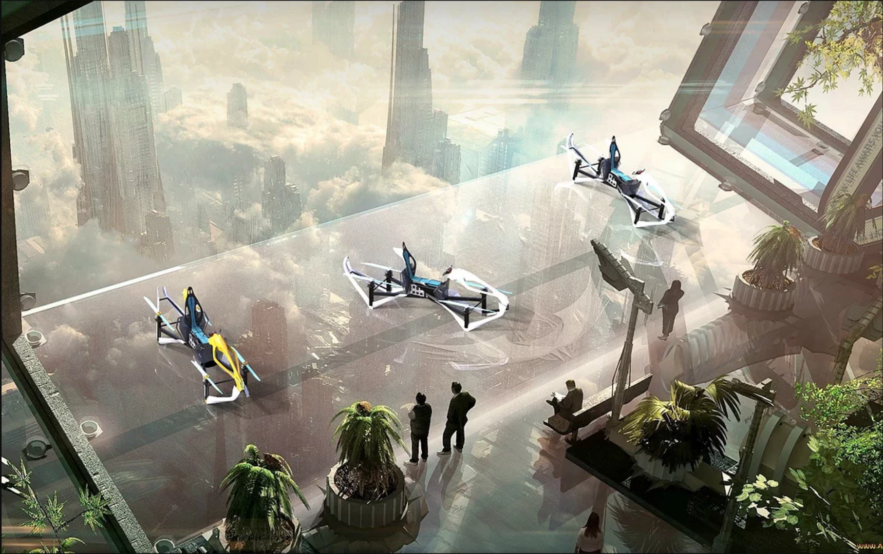 Hoversurf's vision of an elevated garage for 3D commuting on multirotor hoverbikes
