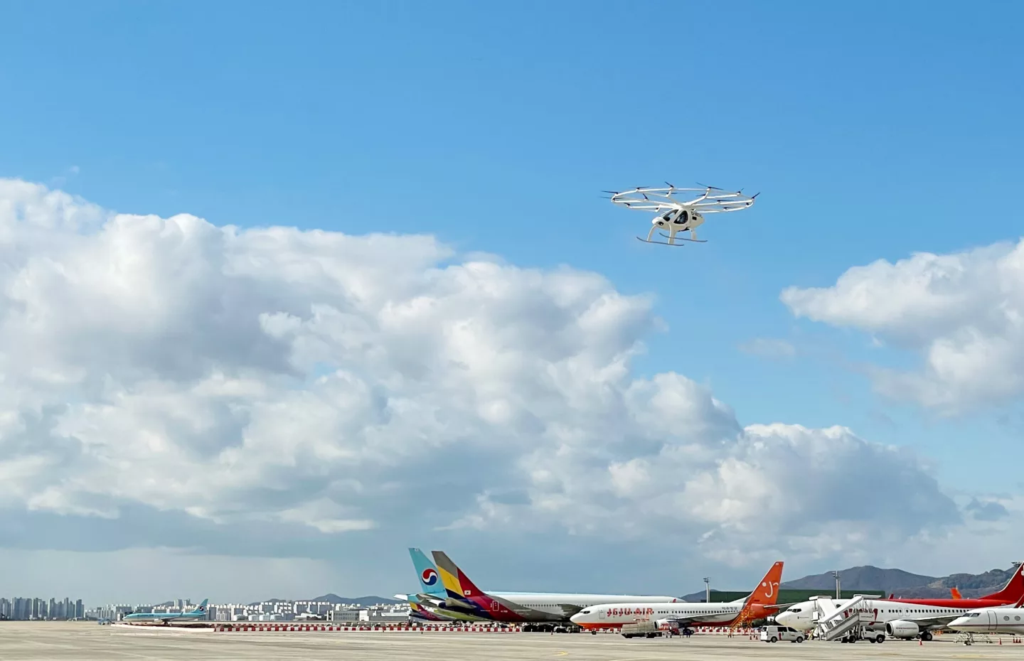 The Volocopter 2X takes off over Gimpo International Airport