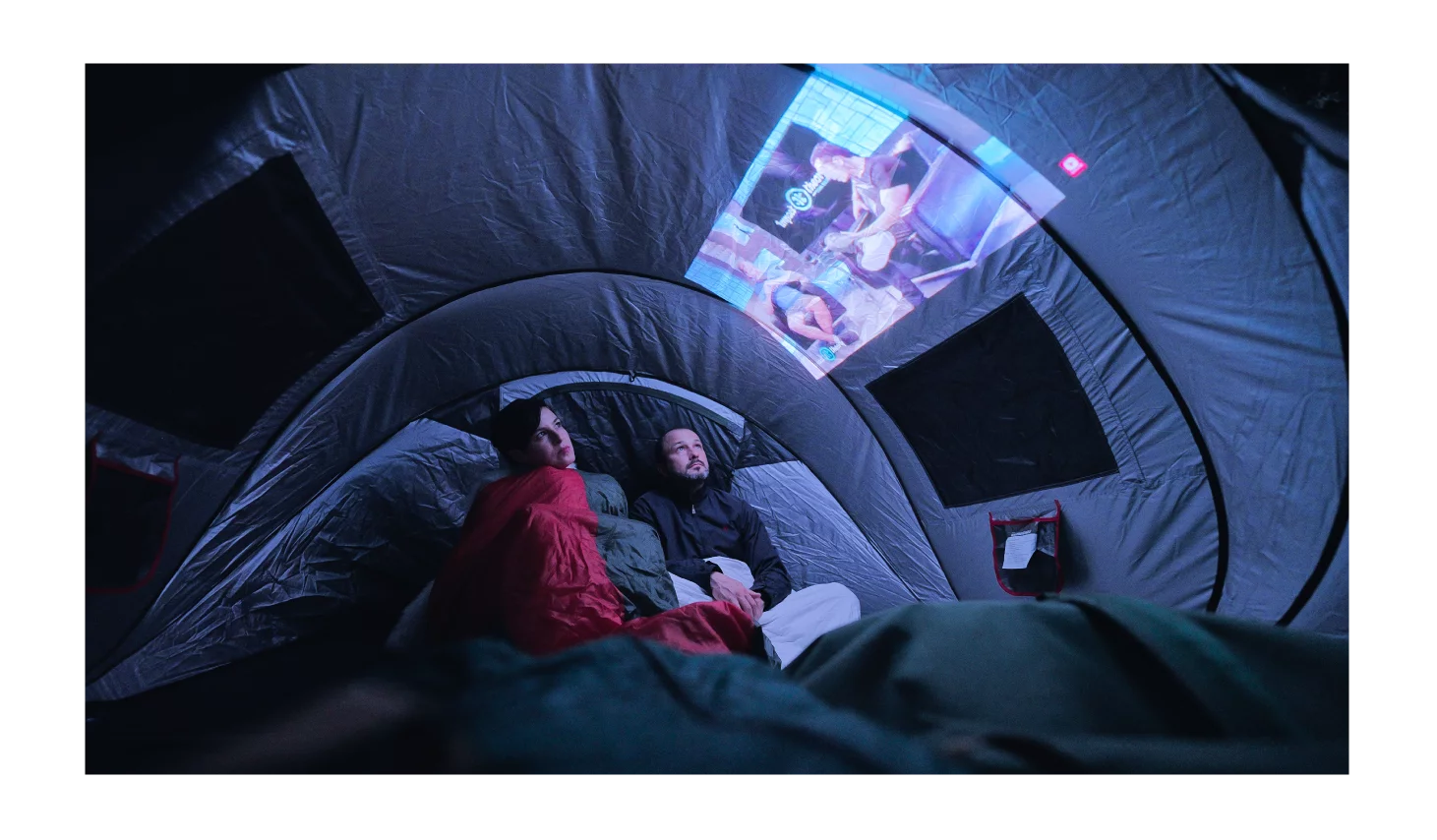 The projector has a 4-hour battery for movie night at camp