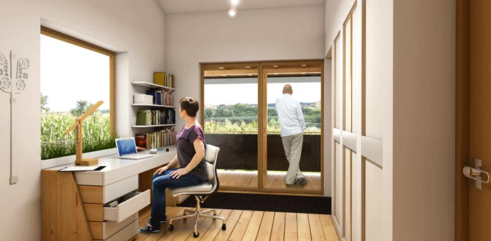 The Prispa prototype uses wood as its primary material, while clay has been used to finish the interior walls