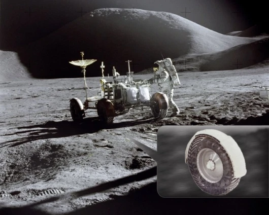 Lunar module pilot James Irwin works at the Lunar Roving Vehicle during the first Apollo 15 lunar surface extravehicular activity at the Hadley-Apennine landing site. Inset: close up of original tire (Image: NASA)