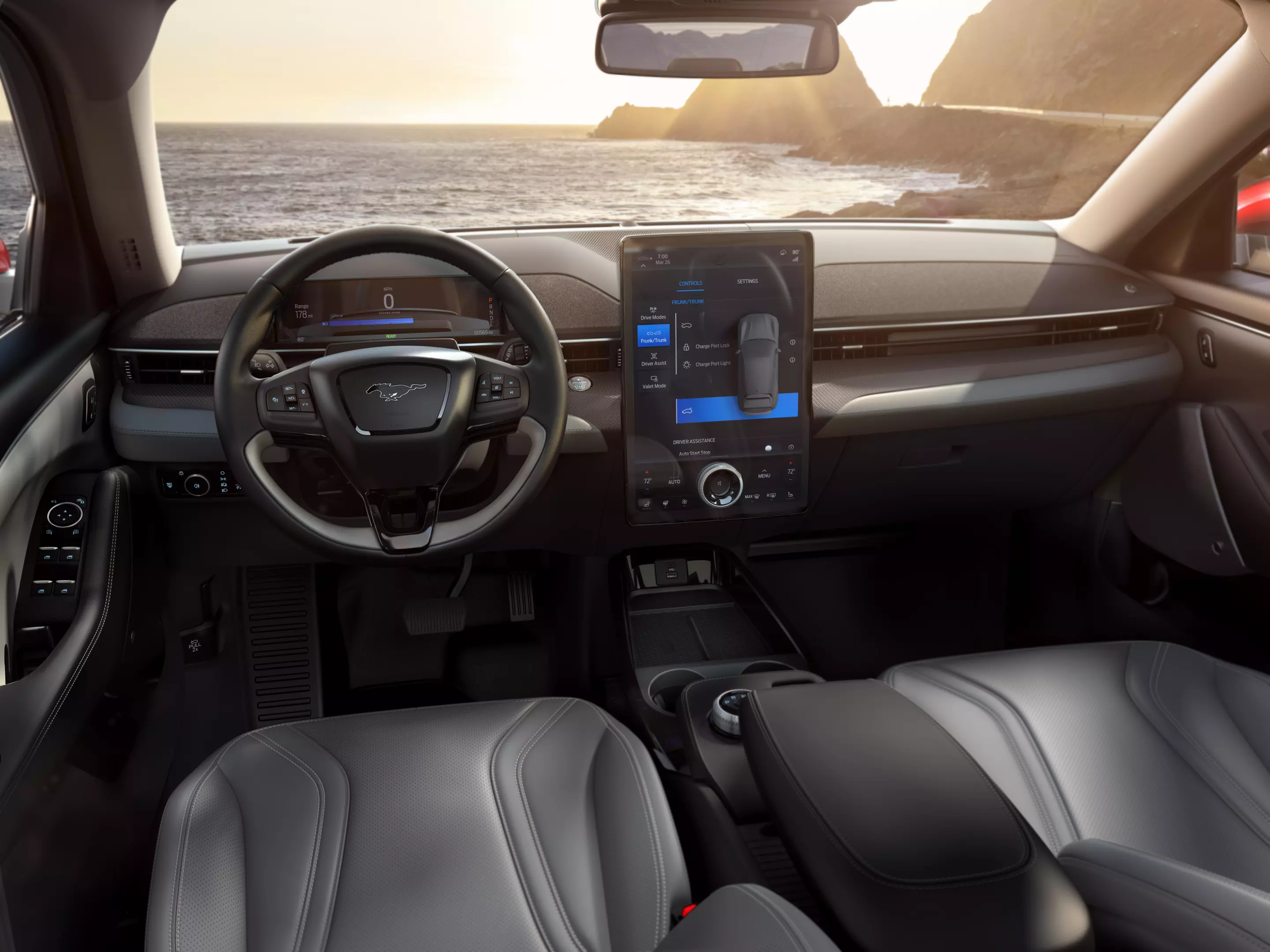 Traditional Mustang design cues like the double-cowl instrument panel also round out the Mustang Mach-E's interior