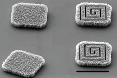 SEM images of a 3Ã‚Âµm x 3Ã‚Âµm x 0.5Ã‚Âµm polysilicon intracellular chip shown before (left) and after (right) a 3D coil nanostructuring by FIB nanomachining Scale bar Ã¢Ë†Â¼3Ã‚Âµm.Credit: Wiley-VCH Verlag