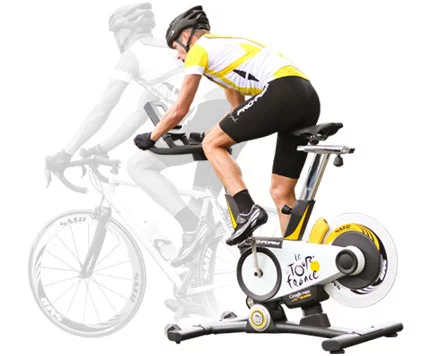 The Le Tour de France Indoor Cycle replicates riding on routes selected via Google Maps, simulating the area's incline or decline by tilting the riding platform (Photo: Pro-Form)