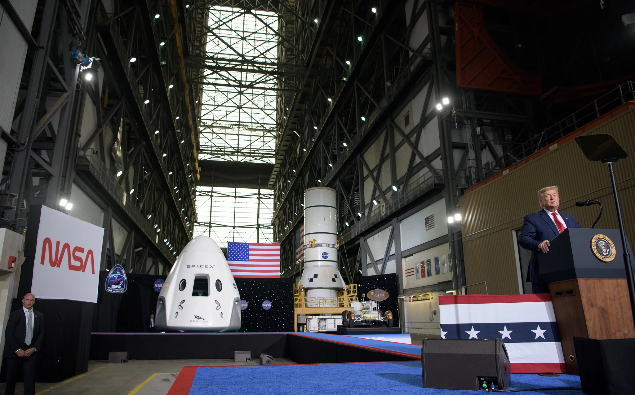 US President Donald Trump address the crowd following the successful launch of the Demo-2 mission