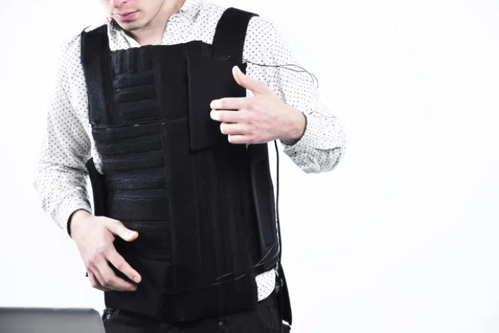 Designed by Wesley Chau, Drop The Beat is an electronic drum kit fashioned into a vest, with pads that can be rearranged and reprogrammed