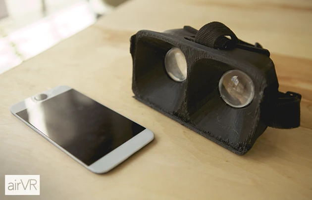 The AirVR headset houses your mobile device inside, with two aspheric lenses to enable focus on the screen at close proximity