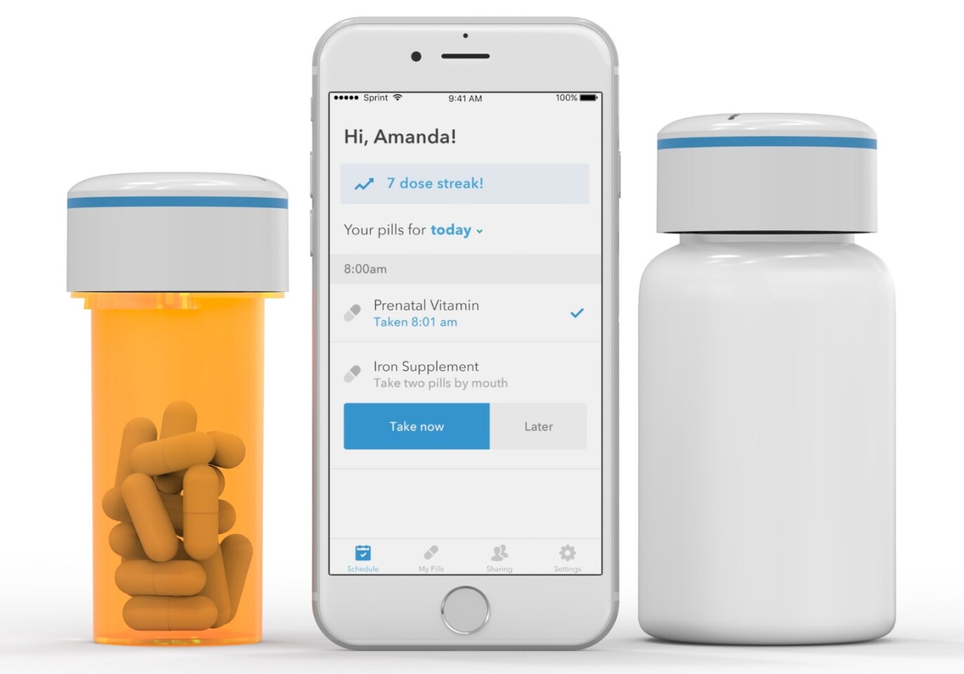 Pillsy is available in two versions – a medication bottle with a childproof cap, and a vitamin bottle with a screw cap