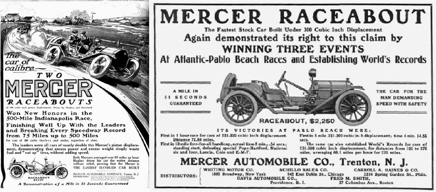 The American Mercer 35R Raceabout was a sportscar sold between 1910 and 1914, with a string of major victories in American racing from 1911 onwards. The 35R Raceabout sold for US$2,250 at that time, the price of a modest home, so it was not only very expensive, but a genuine production sportscar with a powerful 300 cubic inch T-head four-cylinder engine producing 58 hp at 1,900 rpm. The Raceabout's 293 ci (4,800 cc) 4-cylinder Raceabout won five of the six 1911 races it was entered in, losing only the first Indianapolis 500. Many racing victories followed and the Raceabout became one of the premier racing thoroughbreds of the era.
