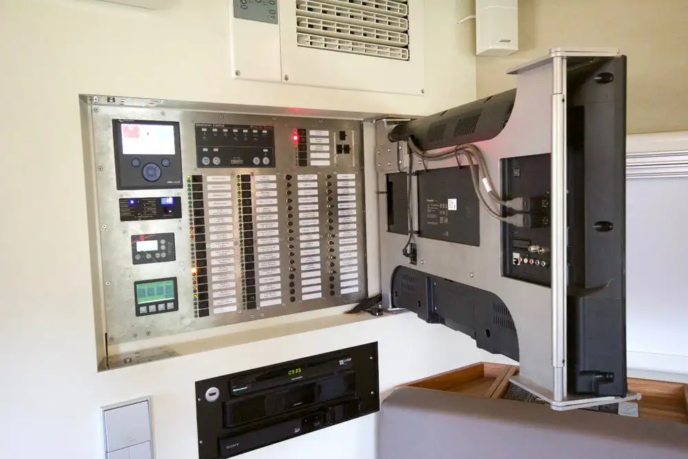 The Unicat MD77h houses its command center behind the swing-out TV