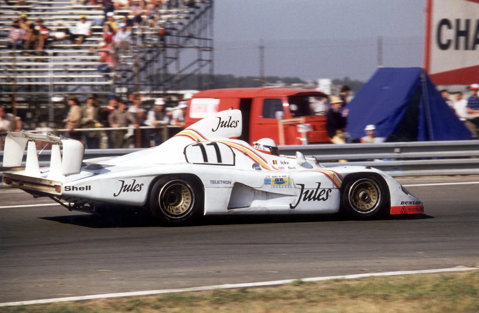 This Porsche 936/81 Spyder won the 1981 Le Mans 24 Hour race by 14 laps, powered by a 2.6 liter 935 turbo flat six and driven by Jackie Ickx and Derek Bell. Bell was reunited with the car for a run up the hill