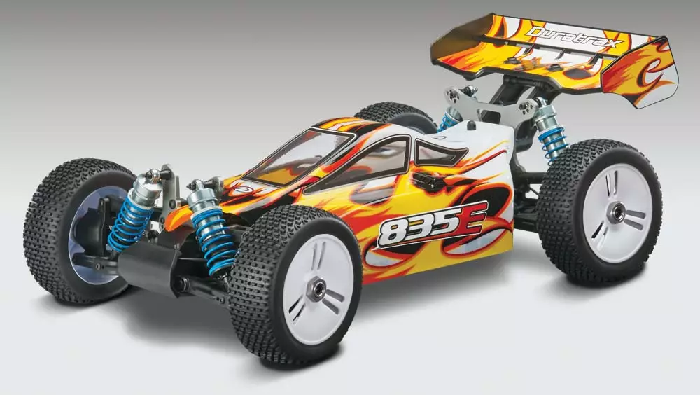 The version I received had a yellow and blue color scheme on the body and rear wing, but it's also available with black or white substituted for the yellow.