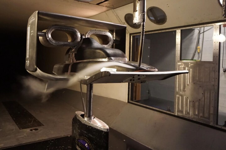 An early model airframe featuring Jetoptera's fluidic propulsion system in wind tunnel testing