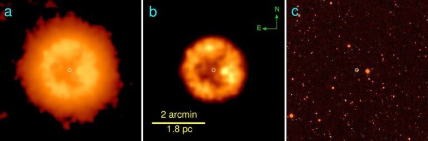 J005311 as seen in infrared at different intensities (A) and (B), and in optical (C), where the gas nebula cannot be seen