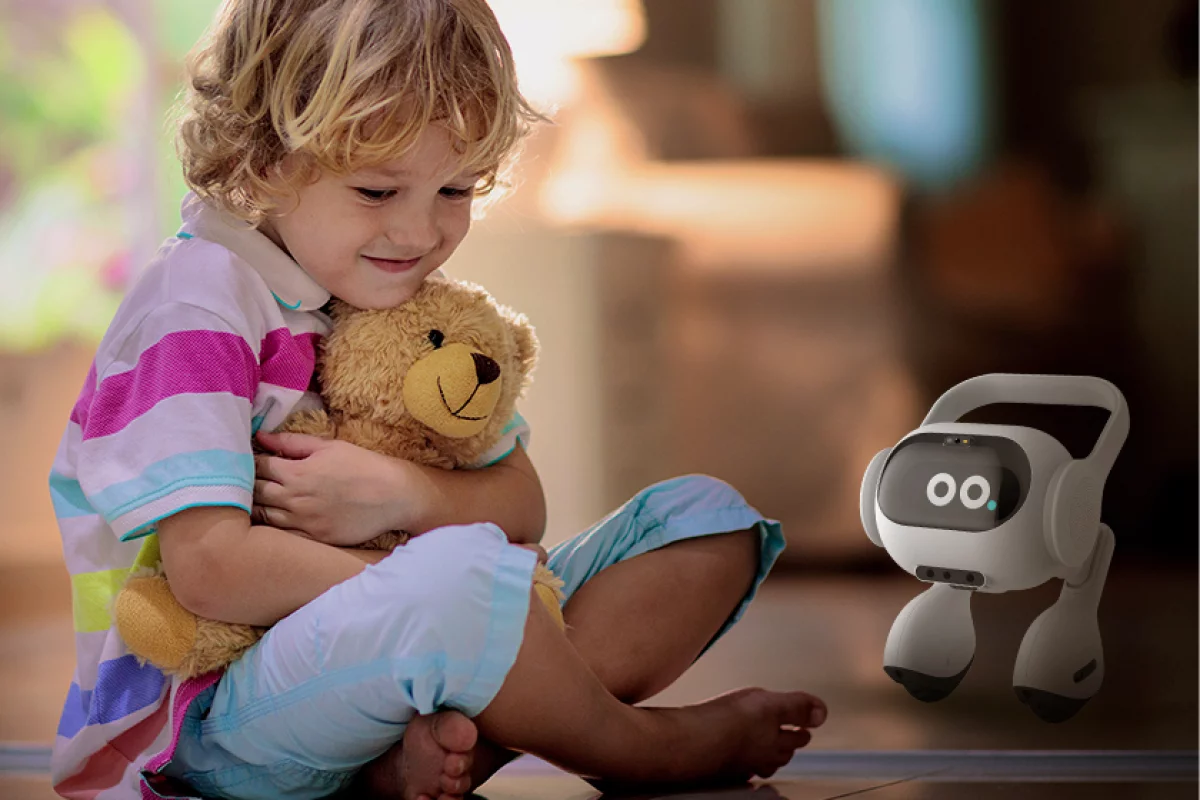 LG’s smart home AI agent, looking like it's eyeing up a teddy bear