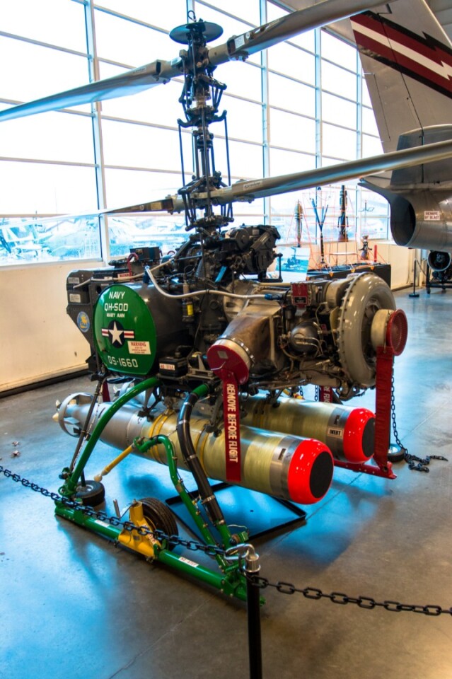 The Gyrodyne QH-50 DASH was an unmanned drone helicopter used as a long-range anti-submarine weapon, produced between 1963 and 1969. WW2-era destroyer ships were being fitted with long-range sonar systems, but without the space for a full flight deck, they weren't able to act on what they discovered until the DASH came along. This small coaxial copter was able to fly up to 22 miles (35 km) from the ship with torpedoes or nuclear depth charges aboard. It was flown by two people, one on the flight deck to handle take-off and landing, and one in the Combat Information Center who would then fly it to its target and fire on the enemy