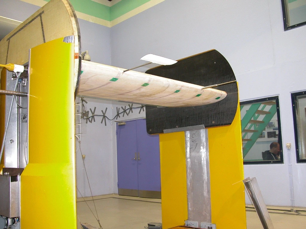 Risoe DTU's wind turbine blade section being tested in a wind tunnel