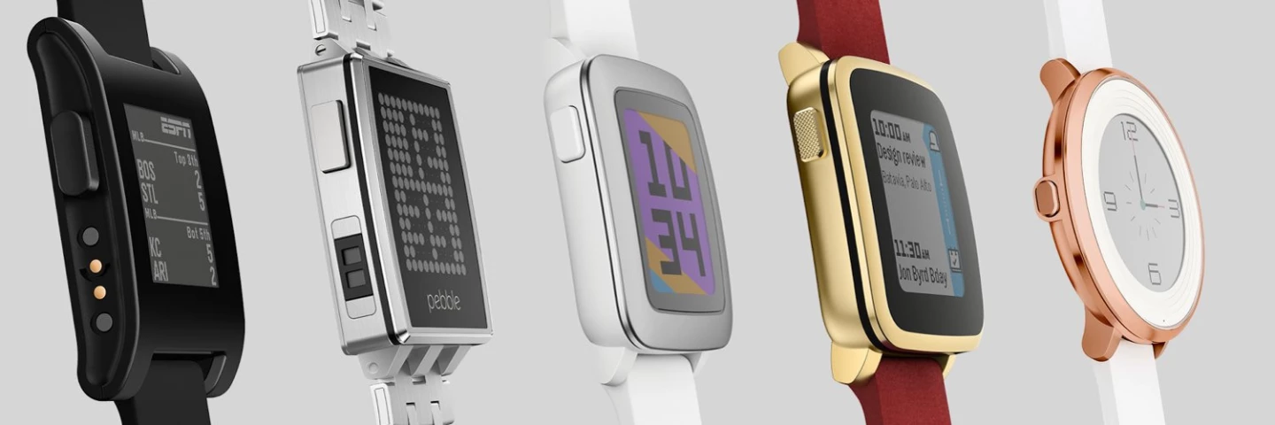 Pebble released a few different models, including the monochrome original on the left, steel editions with color screens, and even one with a round dial
