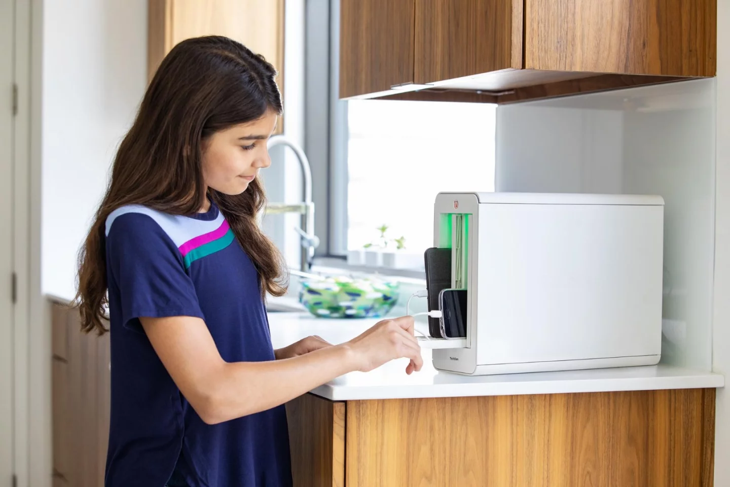 Using an iOS/Android app, a parent can schedule daily windows of time in which each of the TechDen's two doors are automatically unlocked, letting either of two children access their devices.