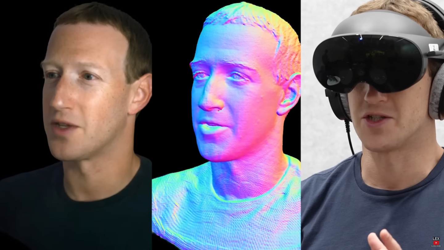 Left to right: the avatar, the 3D capture, and the Zuck in a Quest Pro headset