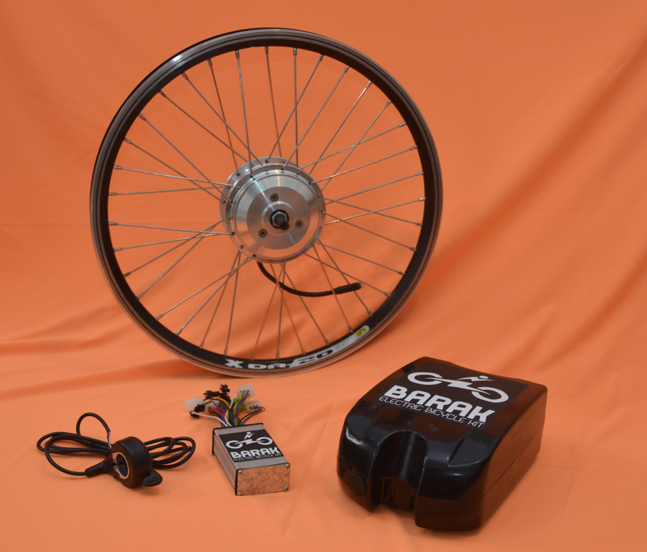 The kit consists of a lithium-ion battery, a controller, a thumb throttle, and a front wheel with a hub motor