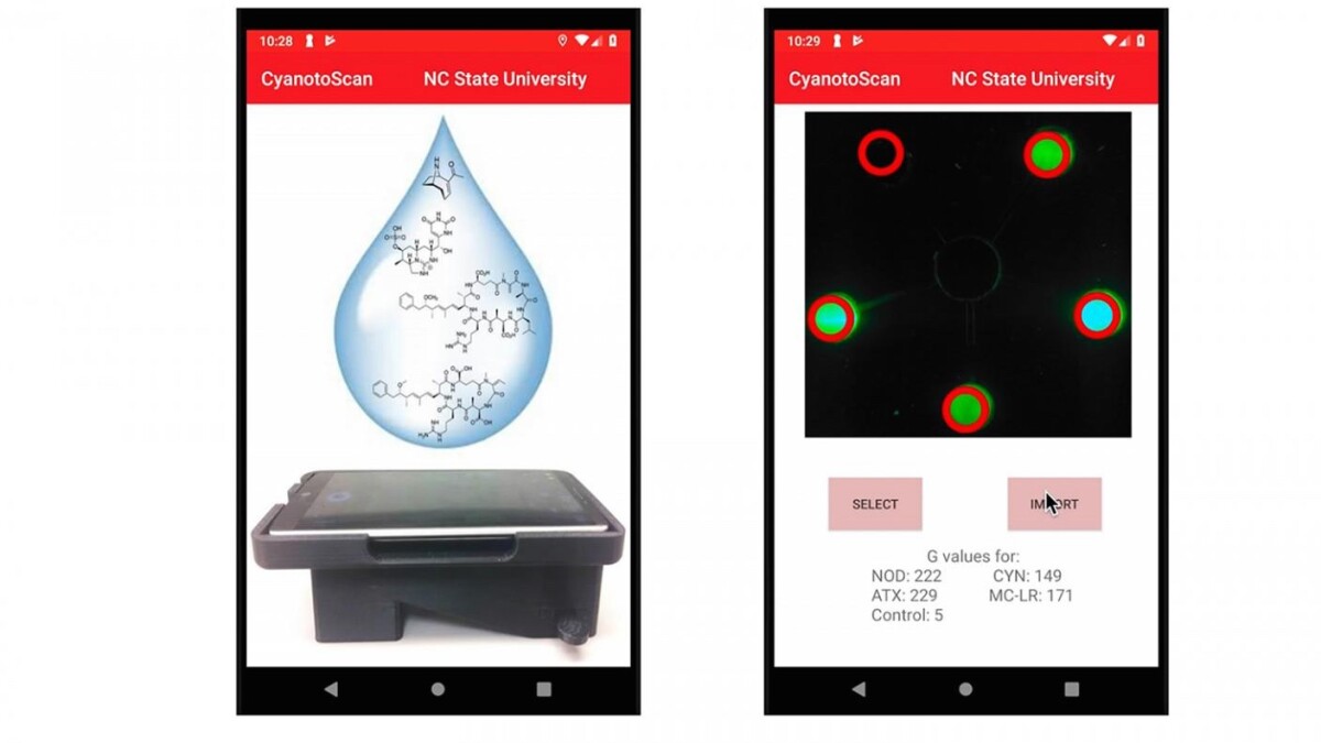 Screenshots from the CyanotoScan app, which displays readings obtained by the device