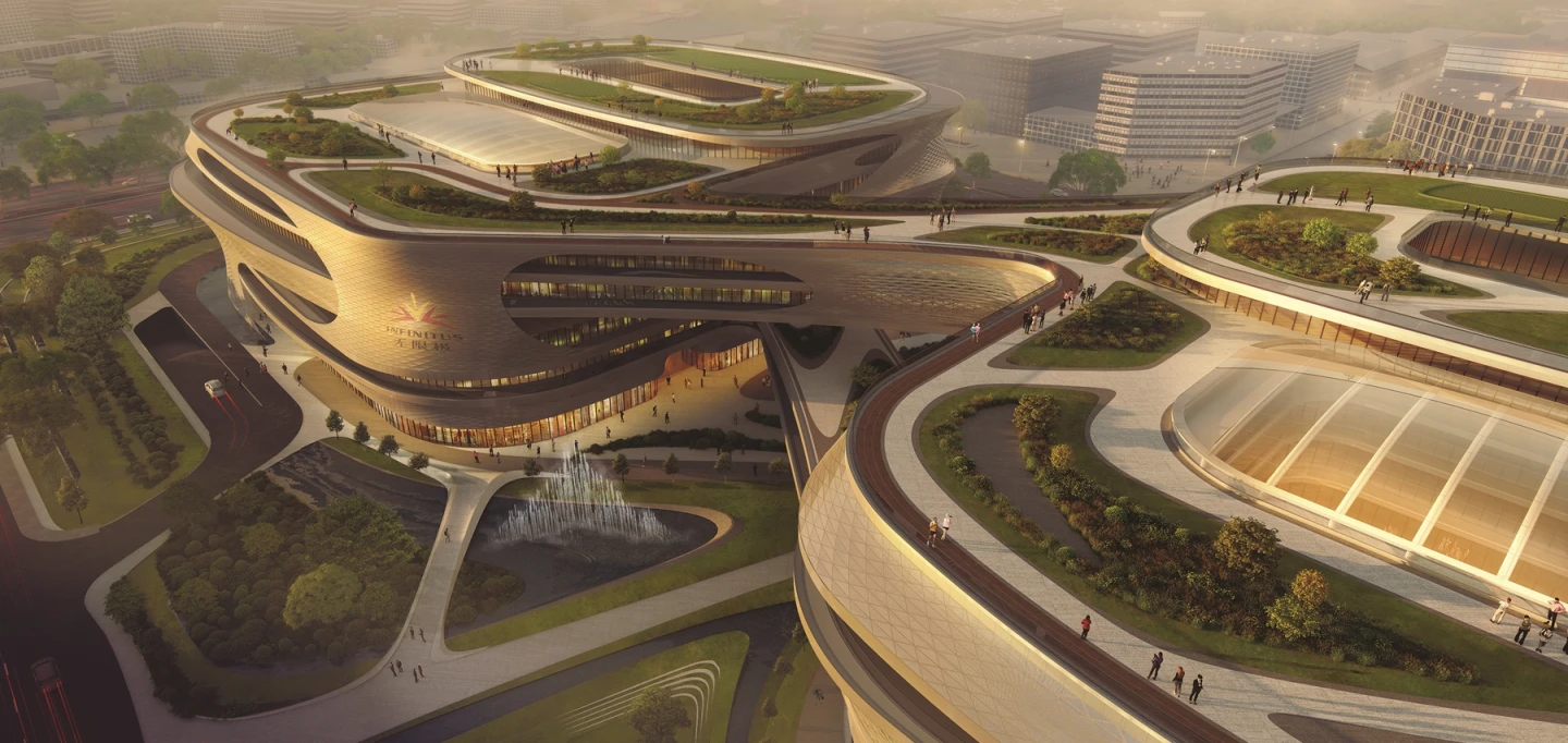 The Guangzhou Infinitus Plaza is designed as a series of infinity rings