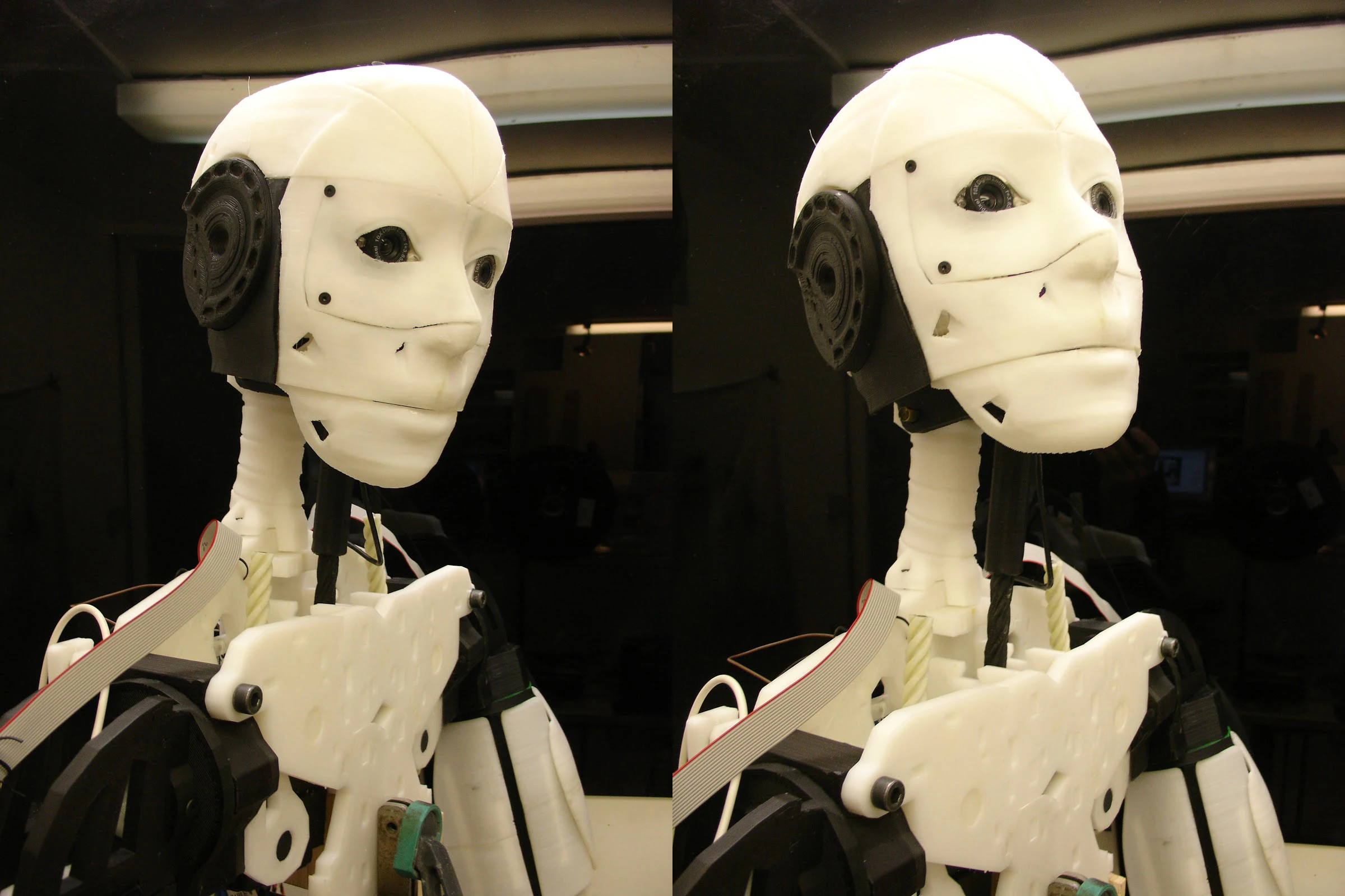 InMoov's neck cranes, showing off a head that contains eyes with built-in cameras and a segmented lower jaw