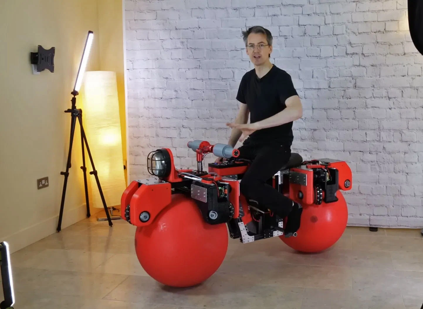 The completed omnidirectional self-balancing bike built by James Bruton