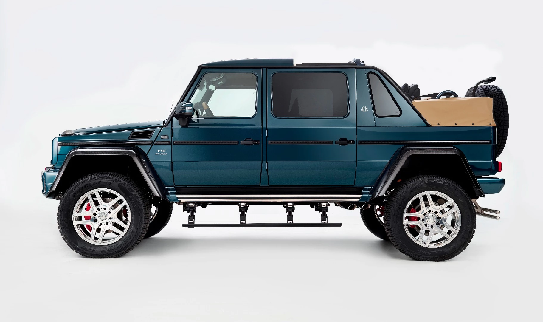The luxury 7300 pound Maybach G650 Landaulet is more than five meters long and two meters high, with half a meter of ground clearance, and four wheels sharing responsibility for distributing 1000 Nm of torque.