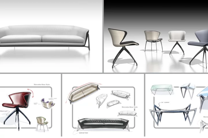 The initial Mercedes Benz Style Furniture Collection comprises one sofa, chaise longue, sideboard, dining room table with chairs, shelf unit with integrated home theatre system, bed and chest of drawers
