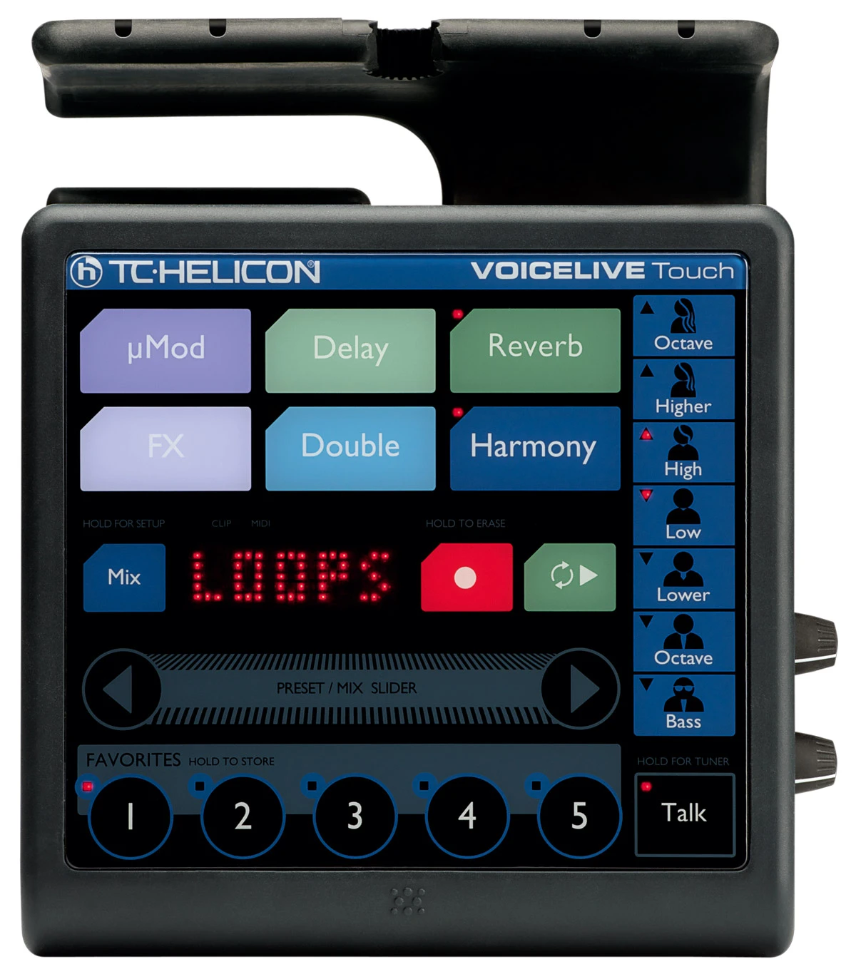 VoiceLive Touch includes an integrated microphone mount which allows the unit to slide onto the stand and lock in position in seconds