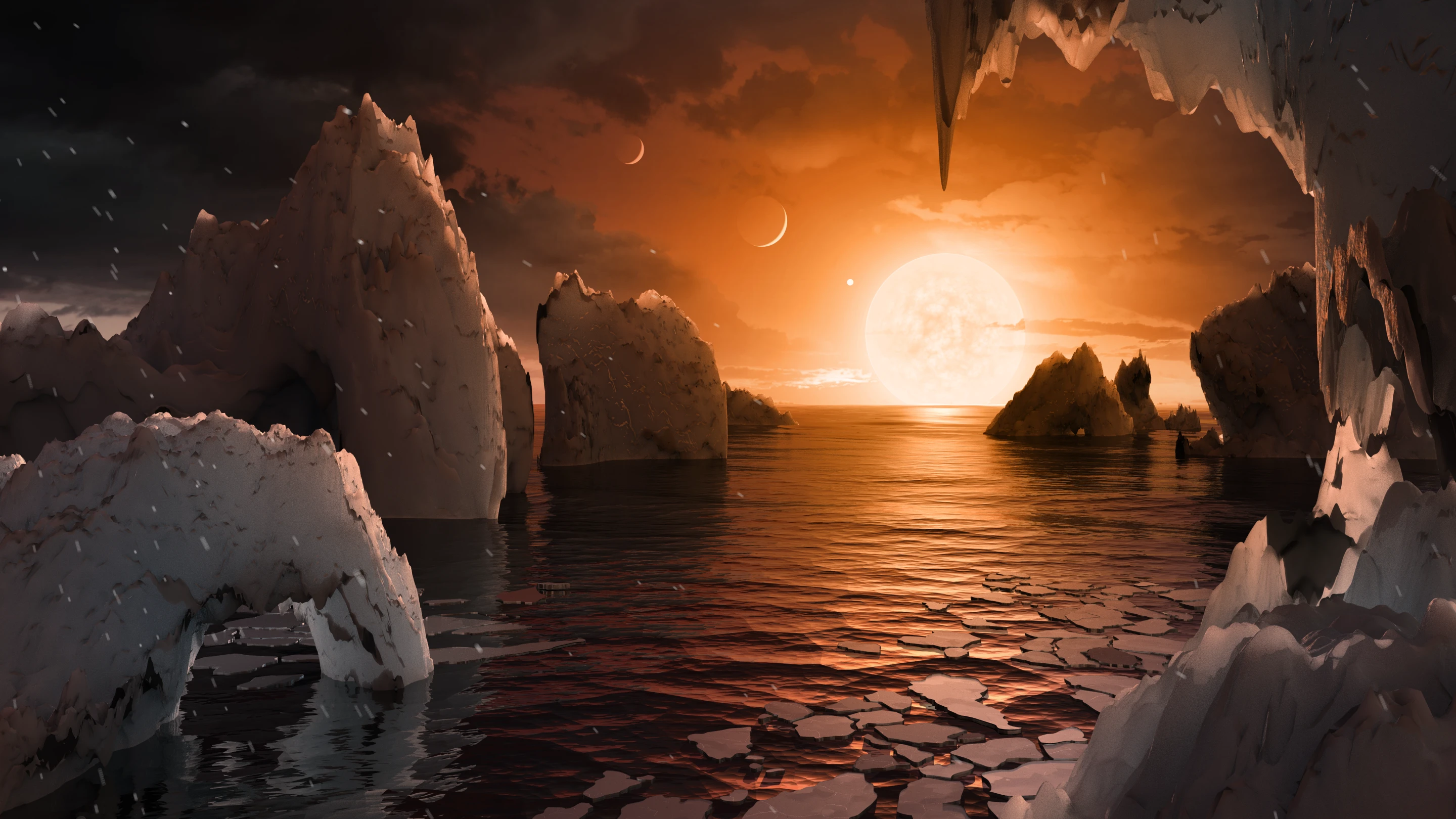 An artistic render of a temperate TRAPPIST-1 f, which could also be frozen or stifling under different climate models