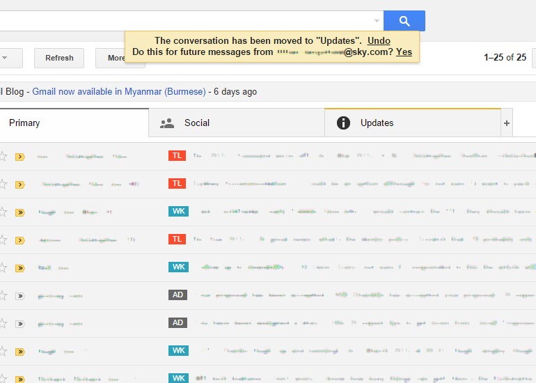 Drag and drop emails between tabs, then set a filter