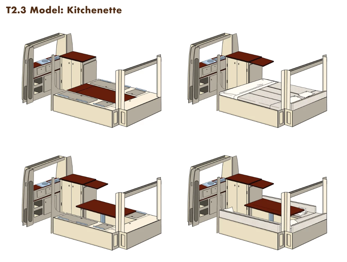 The Kitchenette model includes an equipped galley and dining area