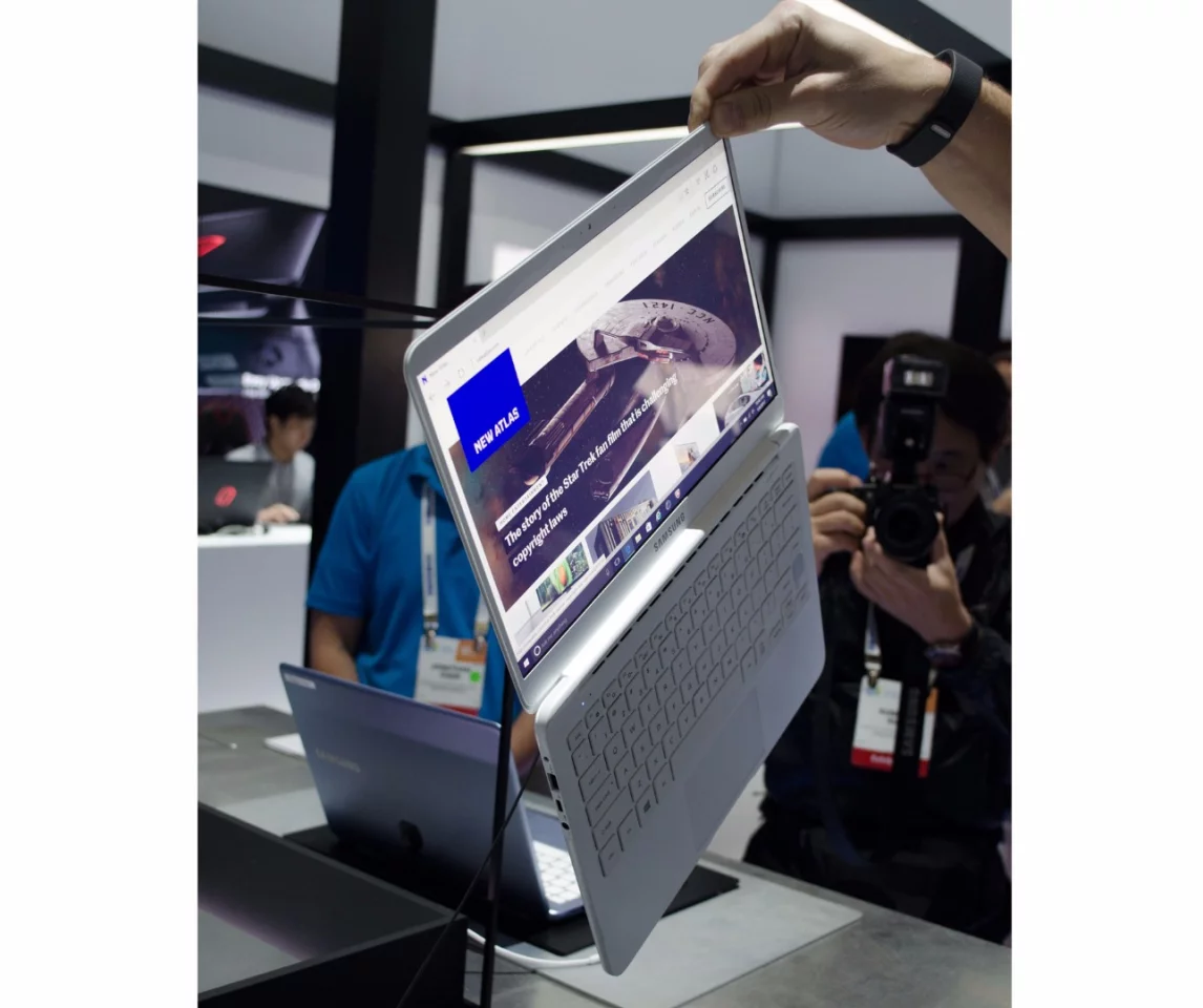 The Notebook 9 is so light and flexible that you can dangle it like so (but why?)