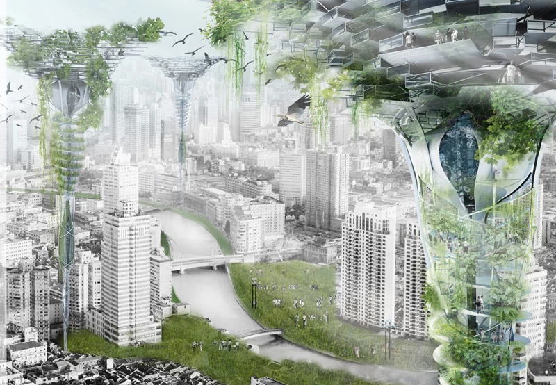 Honorable mention: Water Re-Balance Skyscraper by Zhang Zhiyang, Liu Chunyao is gigantic rainwater harvesting and purification system