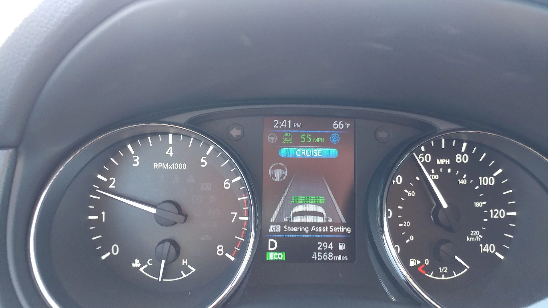 When only cruise control is active, as in this case when ProPilot Assist cannot find lane markings, the system works as any other cruise control would