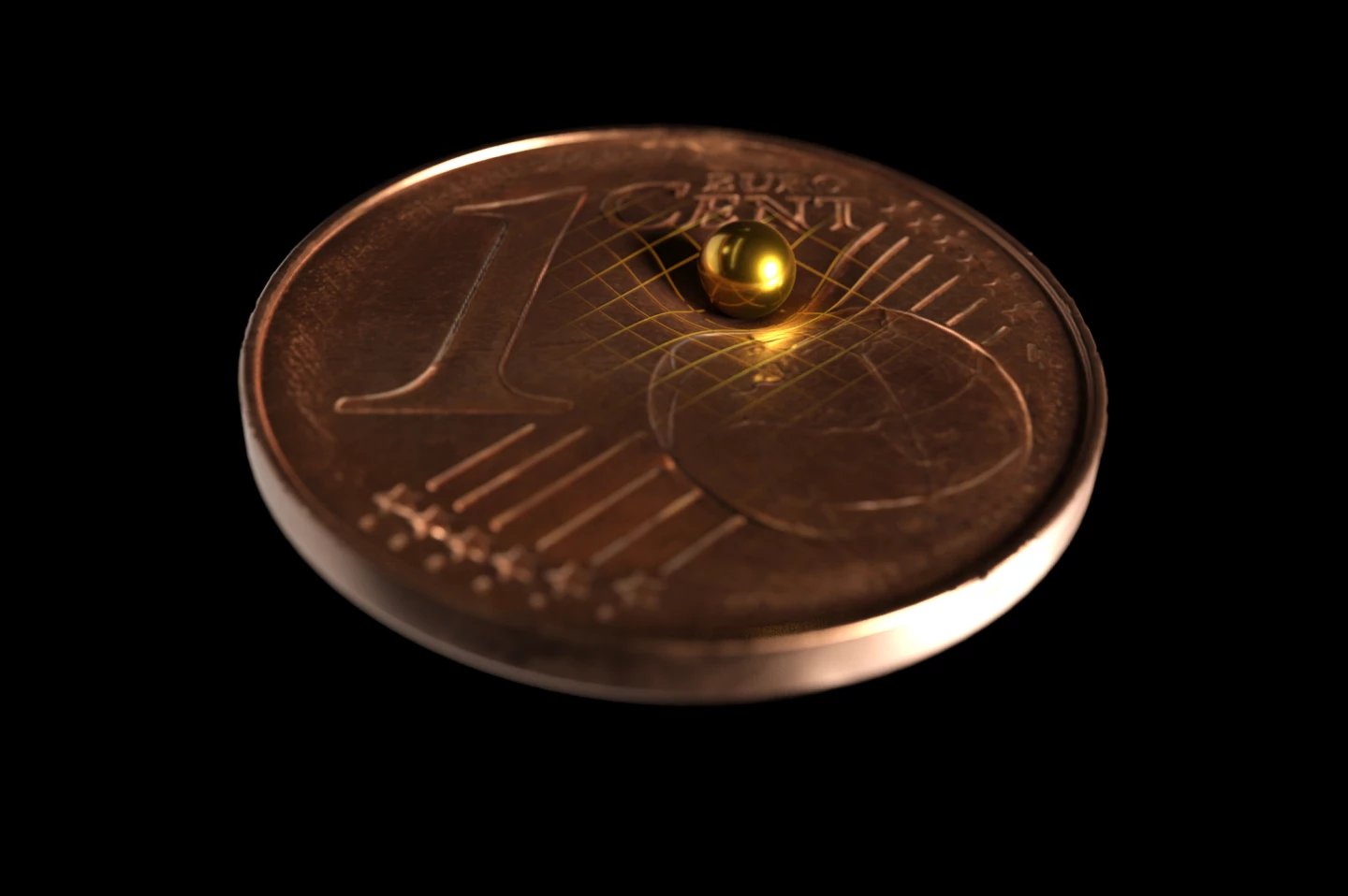One of the gold spheres used in the experiment, sitting on top of a coin to give an indication of just how tiny it is