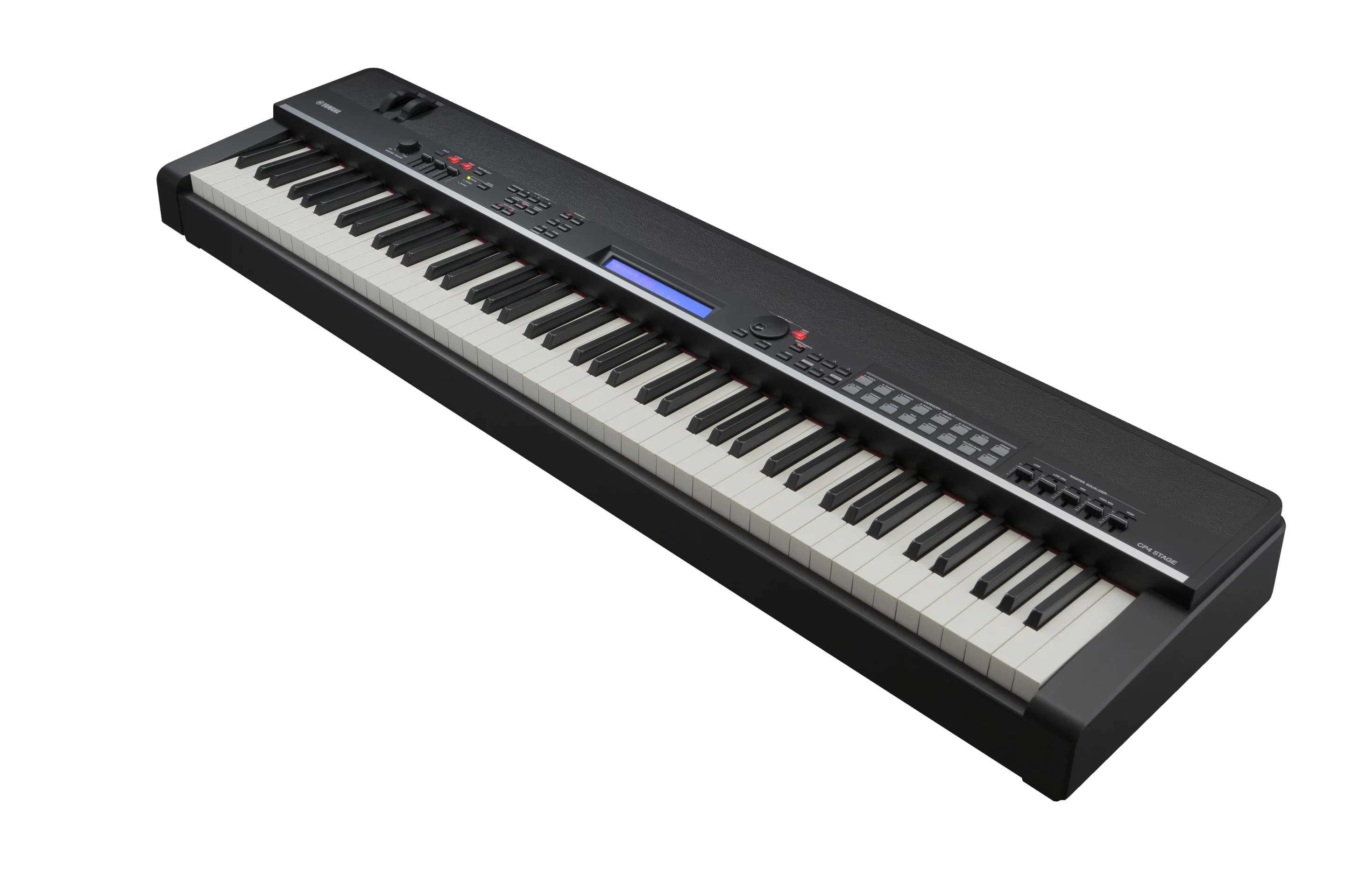The user interface features big lighted buttons for splits and layers, voice category buttons for quick sound selection, five band master EQ control and a 40-character LCD display with back lighting