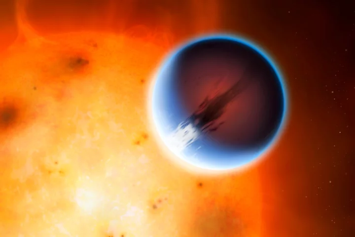The planet HD 189733 in front of its parent star with a belt of wind around the equator travelling at 5,400 mph (8,700 km/h)
