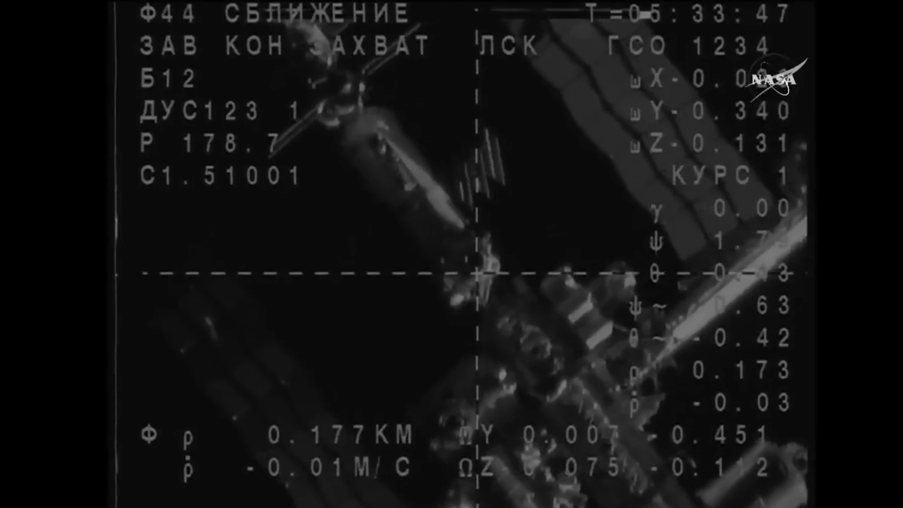Shot of the International Space Station as taken from the Soyuz spacecraft during final approach
