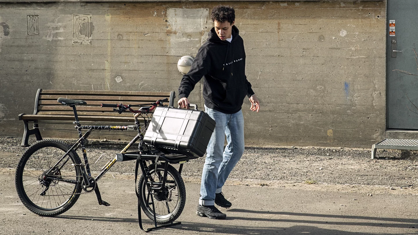 A built-in kickstand holds the bike up when parked