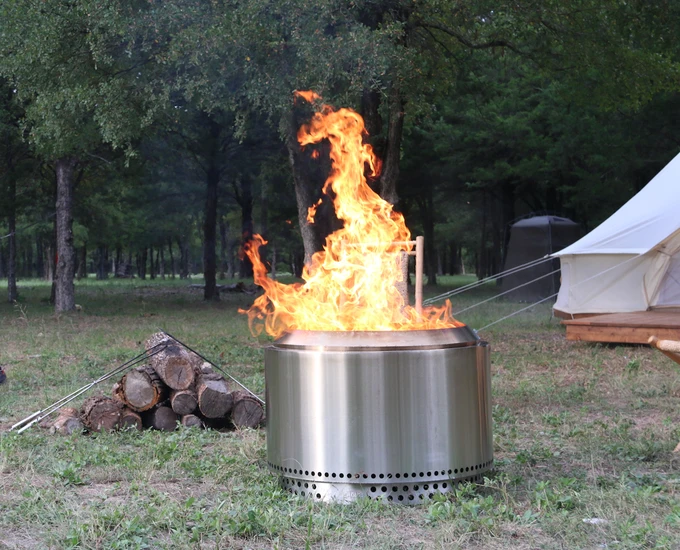 The Solo Stove Yukon measures 30 inches (76 cm) across and 16 in (41 cm) tall, with a total weight of 45 lb (20 kg)